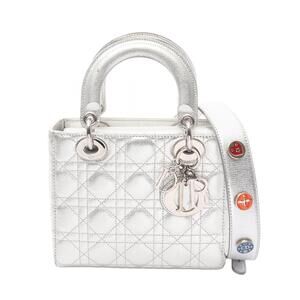 Christian Dior LADY MY ABC Christian Dior Cannage Handbag Leather Silver Tone